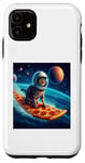 Coque pour iPhone 11 Chat surfant sur planche de surf pizza, chat portant un casque de surf