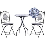 Ensemble de Balcon Vintage en Métal Table et Chaises Extérieur Cadre en Fer Motif Mosaïque Bleu Noir Camprena