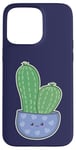 Coque pour iPhone 15 Pro Max Cactus Kawaii en pot pour les amateurs de plantes succulentes bleu nuit