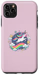 Coque pour iPhone 11 Pro Max Licorne ludique volant à travers le ciel étoilé avec arc-en-ciel