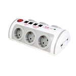 Amig - Multiprise 6 Prises Schuko | Protection Surtensions & Surchauffe | Interrupteur | 2 Prises USB 1A | 1,4m Câble 3G | Multiprise Fine Plate | Interrupteur Extérieur, Blanc/Gris, Polypropylène