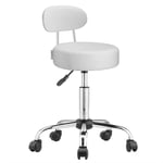 Tabouret à roulettes avec dossier confortable pivotable 360° réglable en hauteur avec repose-pieds bureau-Blanc - Casaria