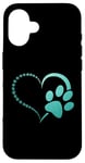 Coque pour iPhone 16 Aquarelle bleu sarcelle clair empreintes pattes de chien cœur - amoureux des chiens