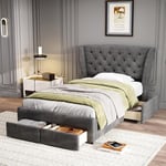 Merax Upholstered Single Bed, 3FT Bed Frame with Storage, 4 Drawers on Wheels, Soft Headboard and Backrest, Metal Underbed Bracket, No Mattress, Snowflake Fleece, Grey, 90x190cm