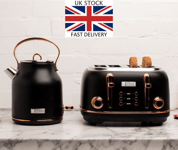 Haden Heritage Retro Rapid Boil Kettle & Matching Black & Copper 4 Slice Toaster