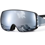 Odoland Lunettes de Ski Masque de Snowboard pour Enfants-Anti-UV400, Anti-Buée, Coupe-Vent, Lunettes de Protection avec Grande Lentille OTG Sphérique étanche, Noir + Argent VLT10%