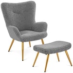 Yaheetech Fauteuil Scandinave à Oreilles avec Tabouret en Tissu Bouclette Fauteuil de Salon et Télévision en Peluche Design Elégant 67,5 cm × 70 cm × 97,5 cm Gris