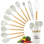 12 pcs Kitchen Utensils Set, Silicone Cooking Utensils Set with Wooden Handle, Non Stick Heat Resistant Kitchen Tools & Gadgets Set with Holder, Cooking Spatula for Non Scratch Cookware