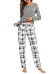 Litherday Pyjama Femme Hiver Ensembles de Pyjama Femme Coton Vêtement de Nuit à Manches Longues Tenue de Nuit à Carreaux Automne et Hiver,B Gris Clair,L