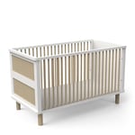 Demeyered Lit A Barreaux Bébé 140x70 Evolutif & Modulable en Bois – Gamme OCHNA – Coloris Blanc Mat & Bois Hévéa - 145 x 88 x 74 cm