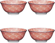 KitchenCraft Set of 4 Glazed Stoneware Bowls with Japanese Floral Pattern, Red & White Ceramic Bowls with Footed Base, Microwave & Dishwasher Safe, 15.7 cm (6"),POKCBOWL37