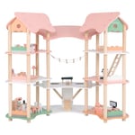 GOPLUS Maison de Poupée Enfant de 7 Pièces, Maison de Poupée en Bois sur 3 Niveaux avec 31 Meubles, Jolie Maison de Rêve Princesse pour Poupées de 8 à 15 cm, pour Filles 3+ Ans