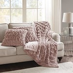 Comfort Spaces Ensemble de couverture en fausse fourrure froncée douce et pelucheuse avec 2 housses de coussin carrées assorties pour canapé, chaise, canapé, salon, bureau à domicile, rose pâle, 127 x