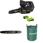 Greenworks 40V Tronçonneuse Top Poignée Moteur Sans Balais, Longueur Guide-Chaîne 25 cm Avec Batterie 40V 2Ah, Chargeur + Greenworks 25cm Barre de chaîne + Sac à déchets de jardin Greenworks 120 L