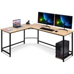 COSTWAY Stort hörnskrivbord L168 x W125 x H74CM - Upp till 3 datorer med CPU-hållare i industriell stil, ram i naturmetall Naturlig