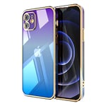 Ontiny conçu par galvanoplastie Coque Souple en TPU Transparent pour iPhone 12 (6,1 Pouces), Protection Antichoc Contre Les Chutes (Purple Blue Gradient & Gold Border)