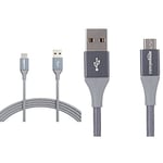 Amazon Basics Câble en nylon à double tressage USB de type C vers Micro B 2.0 mâle, 3 m,Gris foncé & Câble en nylon à double tressage USB 2.0 A vers Micro B 3 m Gris foncé