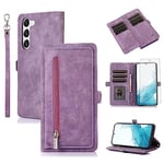 Asuwish Phone Case for Samsung Galaxy S23 Plus S23+ 5G Wallet Cover With Tempered Glass Screen Protector Flip Zipper Card Holder Stand Cell S23plus 23S + S 23 23+ SM-S916U 6.6 inch Women Men Purple