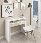 Dmora - Bureau Billings, Bureau avec Plateau Extensible, Bureau PC avec 2 tiroirs, 99x36h88 cm, Blanc et Chêne