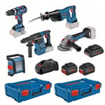 Bosch - Pack 5 outils sans fil 18V - Perceuse à percussion - Meuleuse d'angle - Marteau perforateur - Scie sabre - Lampe avec 2 batteries 18v 8.0Ah