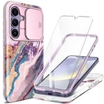 GVIEWIN Compatible with Samsung Galaxy S24 Plus Case with Slide Camera Cover+Screen Protector, Shockproof Marble 360°Armor Fullbody Bumper Protective Anti-Scratch Case 6.7" 2024,Dreamland River/Purple