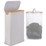 iEGrow Panier à linge avec couvercle 60 L, panier a linge sale fin avec sac intérieur amovible et lavable, corbeille a linge en bambou, paniers à linge pliables pour buanderie, chambre (Gris clair)