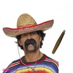 Mens Mexican Sombrero + Gringo Tash + Fake Cigar Adult Wild West Fancy Dress Set