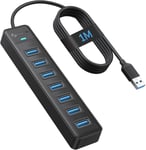 Hub USB, Data Hub USB 7 Ports, câble de 100cm, pour Macbook, Mac Pro/Mini, iMac, Surface Pro, XPS, Notebook