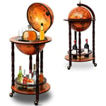 Goplus - Bar Globe Terrestre avec 3 Roues-Porte Bouteilles en Bois-Mini Bar Roulant-4 Compartiments-Bon Cadeau