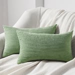 Topfinel Housse pour Coussin Lombaire 30x50cm Lot de 2 en Velours Côtelé Extra Doux Motif Rayé Coussin Canape Decoratif Fauteuil Canapé Style Boheme Scandinave, Vert Sauge