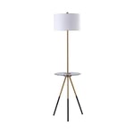 Teamson Home Tall Tri Pod Modern Standing LED Floor Lamp with Clear Glass Tabletop and Built in USB Charging Port. White Drum Shade, Gold Stand, Black