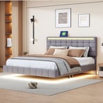 Lit moderne capitonné, lit flottant double avec lampes led réglables, prises usb et tête de lit réglable en hauteur, cadre de lit adulte, lit