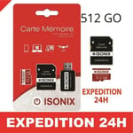 Carte Micro-Sd 512 Go Classe 10 Au Formate Sdxc/Sdhc 4k Smartphone Tablette Caméra Sport + Lecture Carte Zisonix