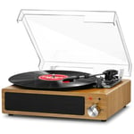 Record Player, FYDEE Vinyl Record Player with Built-in Speakers, Turntable for Vinyl Records, Belt-Drive 3-Speed (33/45/78 RPM) LP Vinyl Player, Supports Headphone Jack, AUX IN, RCA - Natural Wood