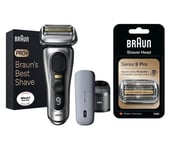 Braun Series 9 Pro 9477CC Wet & Dry Foil Shaver, SmartCare Centre & PowerCase (Silver) & Series 9 94M Electric Shaver Head Replacement (Silver) Bundle, Silver/Grey