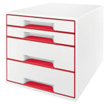 Leitz WOW 4 Drawer Cabinet, A4 Desk Drawer Cabinet with Transparent Organiser Tray, 2 Small 2 Large Drawers, White/Red, 52132026