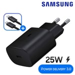 Original 25W Chargeur Secteur Noir Prise de Courant Adaptateur Charge Fast Rapide + Câble Cordon USB-C vers Type-C Origine Pour Samsung Galaxy A52 / A52s / A53 / A70 / A70s / A71 / A72 5g