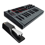 MIDI Controller Bundle - AKAI Professional MPK Mini Grey MK3 MIDI Keyboard + M-Audio SP2 Universal Sustain Pedal and MPC Beats Production Software