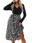 CUPSHE Robe longue/mi-longue pour femme - Manches longues, col en V, ceinture à nouer, coupe trapèze - Robe patineuse décontractée pour les fêtes et les cocktails, Taille XS