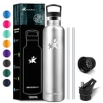 KollyKolla Gourde Isotherme 1L, Gourde Inox avec en Paille, Bouteille d'eau sans BPA, Réutilisable, Anti-Fuite, Bouteille Isotherme Acier Inoxydable pour Enfant, Adultes, Yoga, Sport - 2 Couvercles