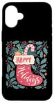 Coque pour iPhone 16 Plus Chaussette bohème Happy Holidays rétro en forme de canne à sucre d'orge de Noël