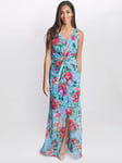 Gina Bacconi Jennifer Floral Twist Detail Maxi Dress, Aqua/Multi