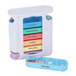 Relaxdays 10023633_828 Pilulier 7 Jours 4 Compartiments Anglais boîte médicaments semainier Matin midi Soir Nuit, coloré, Plastique, Blanc/Multicolore, 13 x 11,5 x 4,5 cm