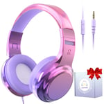 Purple with box Écouteurs filaires avec micro pour filles, écouteurs supra-auriculaires pour l'école, casque pour PC, téléphone,x pour enfants, violet, rose, nouveau ""Nipseyteko