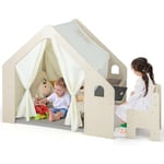 Tente d'Activité en Bois pour Enfants 2-6 Ans, Tente de Jeu 6 en 1 avec Tableau Noir, Table, Chaise, Bac, Tapis, 131x98x113cm - Goplus