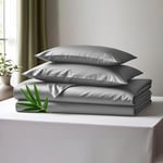 LINENWALAS Double Bed Sheet Set, 300 Thread Count 100% Bamboo Bedding Set, Cooling Silk Sheets Set with 1 Fitted Sheet, 1 Flat Sheet & 2 Pillowcases (Double, Light Grey)