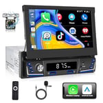 Podofo Autoradio 1 Din avec Apple Carplay et Android Auto sans Fil, Écran Tactile Rétractable 7 Pouces MP5 Radio pour Voiture Stéréo avec Récepteur Bluetooth AM FM + Caméra de Recul & Microphone