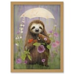 Artery8 Picking Flowers in the Rain Oil Painting Cute Sloth with an Umbrella in a Wildflower Meadow Kids Bedroom Artwork Framed Wall Art Print A4