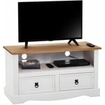 Idimex - Meuble tv campo banc télévision en pin massif blanc et brun avec 2 tiroirs et 1 niche, meuble de rangement style mexicain en bois