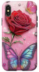 Coque pour iPhone X/XS Rose et papillon mignon sur fond rose